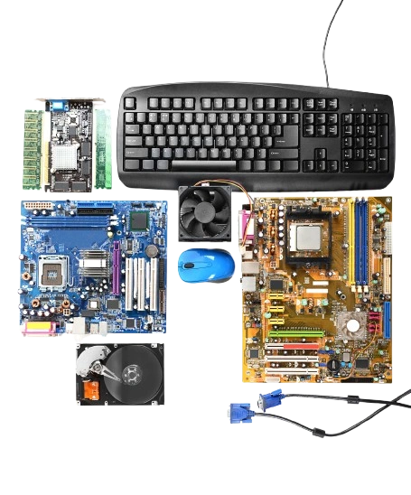 computer parts with keyboard mouse isolated white removebg preview