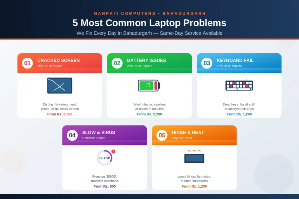 5 most common laptop problems fixed in Bahadurgarh – cracked screen, battery, keyboard, slow performance, overheating