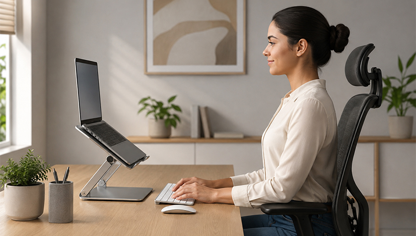 Laptop stand for better posture in a home or office computer workspace