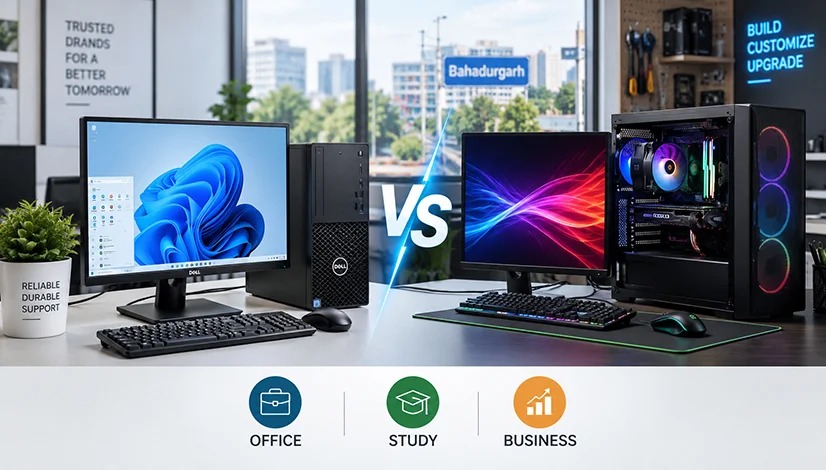 Branded vs Assembled Desktop in Bahadurgarh comparison showing a branded PC and a custom-built PC for office, study and business use