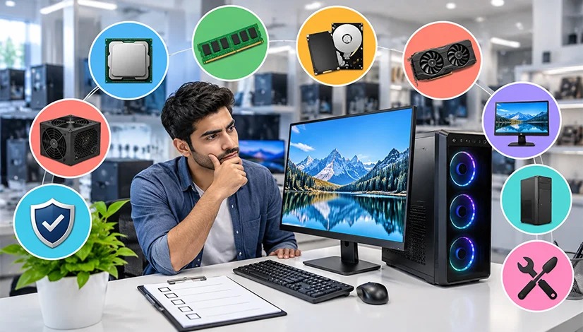 Branded vs Assembled Desktop in Bahadurgarh buying checklist showing a buyer reviewing CPU, RAM, storage, graphics and support options