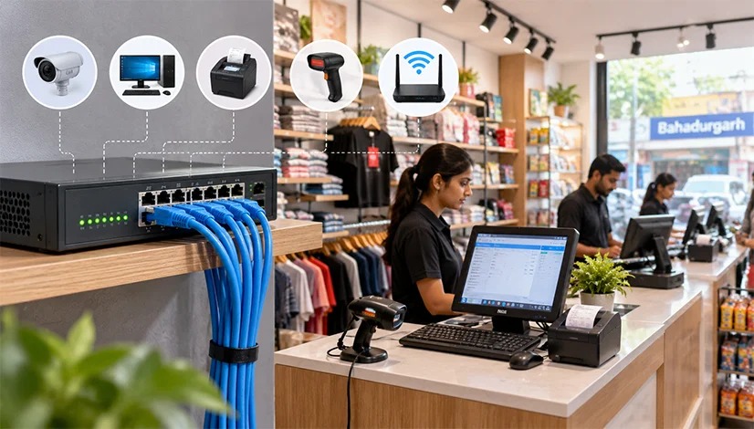 Network Switch Setup in Bahadurgarh connecting a shop’s billing PC, receipt printer and CCTV